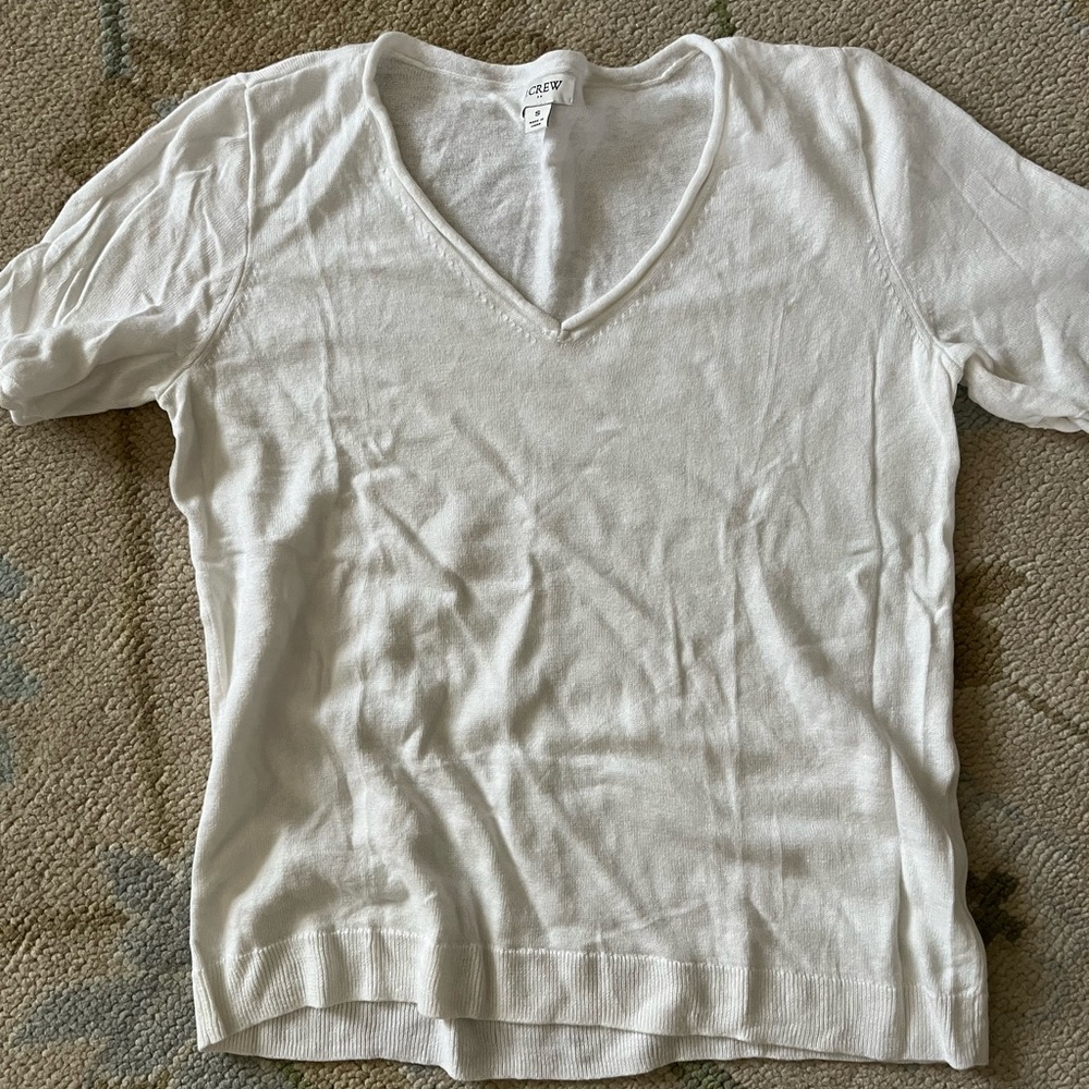 J Crew White Linen Cotton V-Neck Short Sleeve Sweater